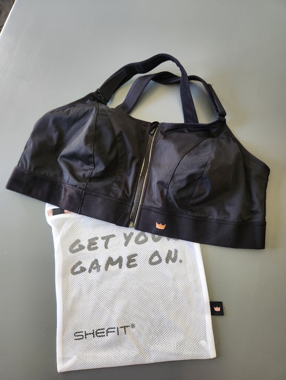SHEFIT Ultimate Sports Bra 5 Luxe Black High Impact Zip Adjustable Wash Bag NWOT